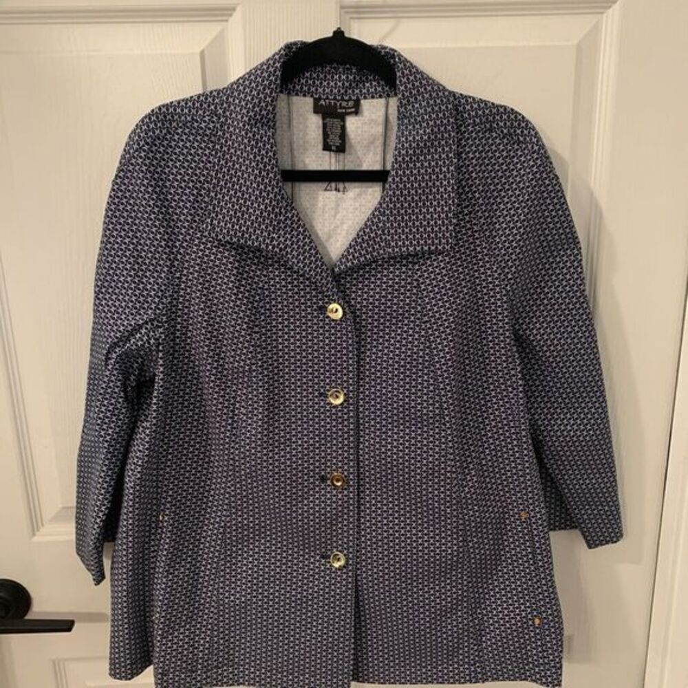 Attyre New York Womens XL rain coat windbreaker‎ 3/4 Sleeve Blue & White Print
